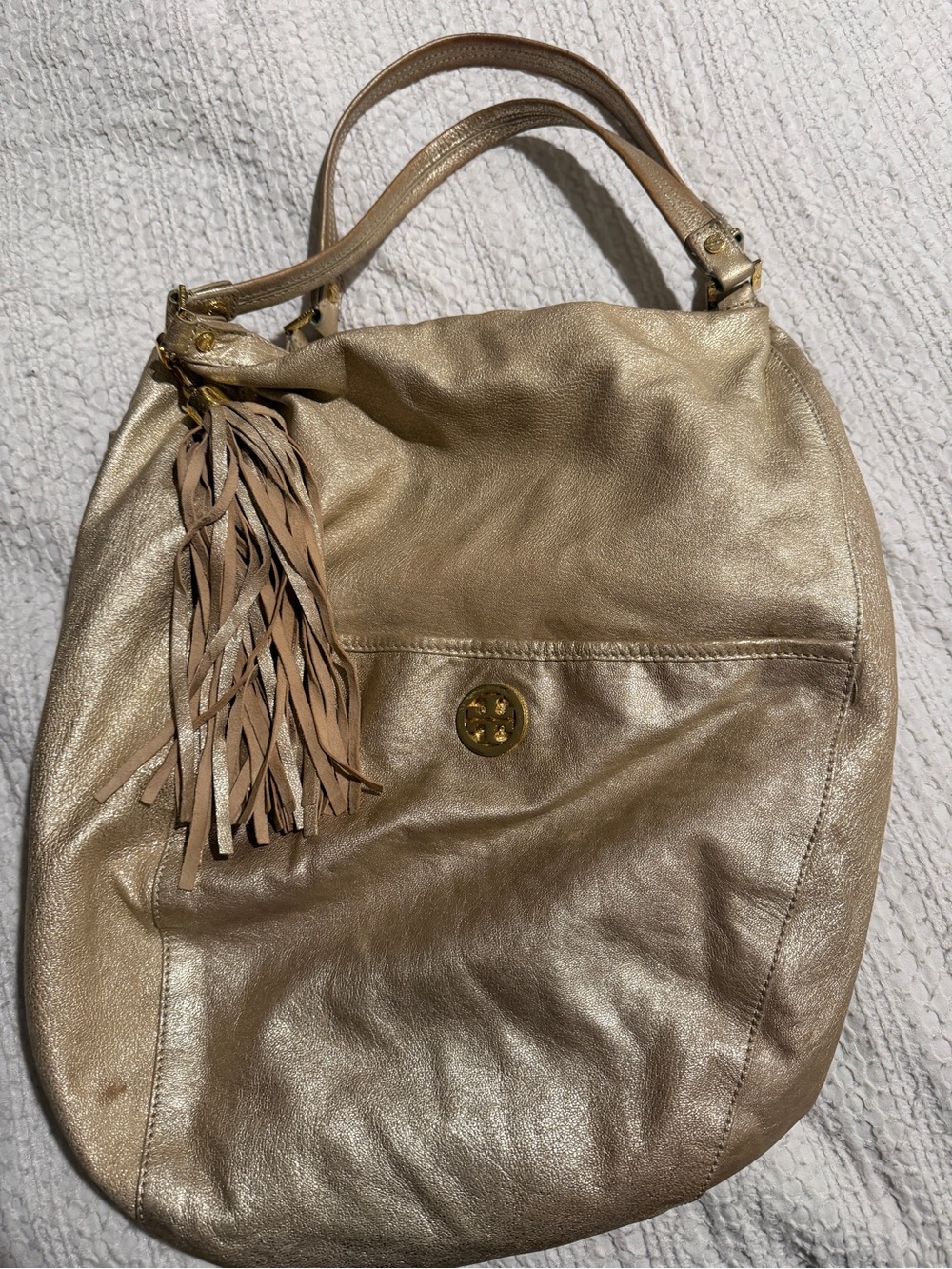 Tory Burch Shimmery Gold Leather Hobo with Tassel